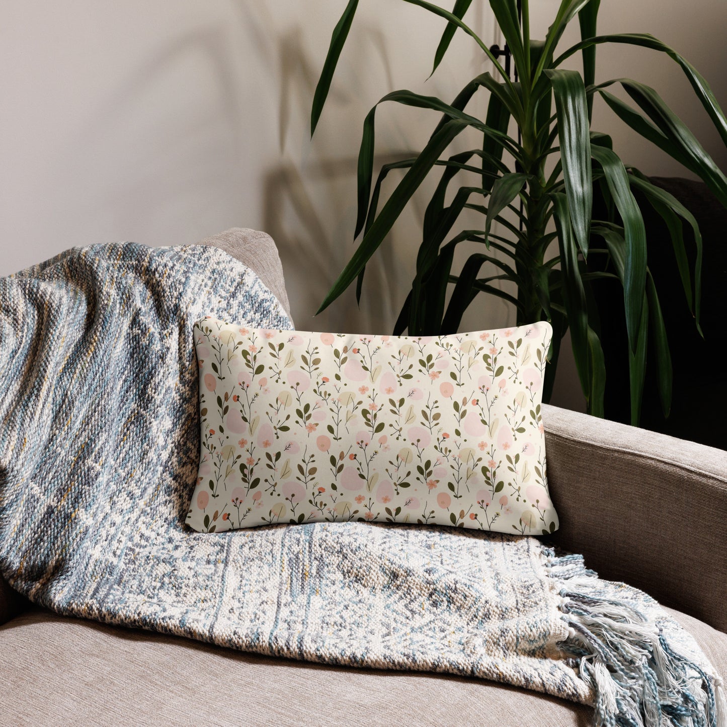 Printed accent pillow with Soft Bloom all-over peach flower and olive leaf design — Made With Love by MWL