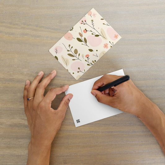 Soft Bloom landscape postcard — floral pattern in peach and olive green on cream, horizontal format front view