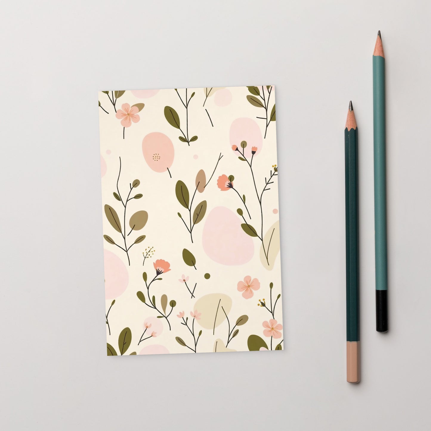 Soft Bloom vertical postcard featuring a delicate floral pattern in peach, olive green, and cream — front view