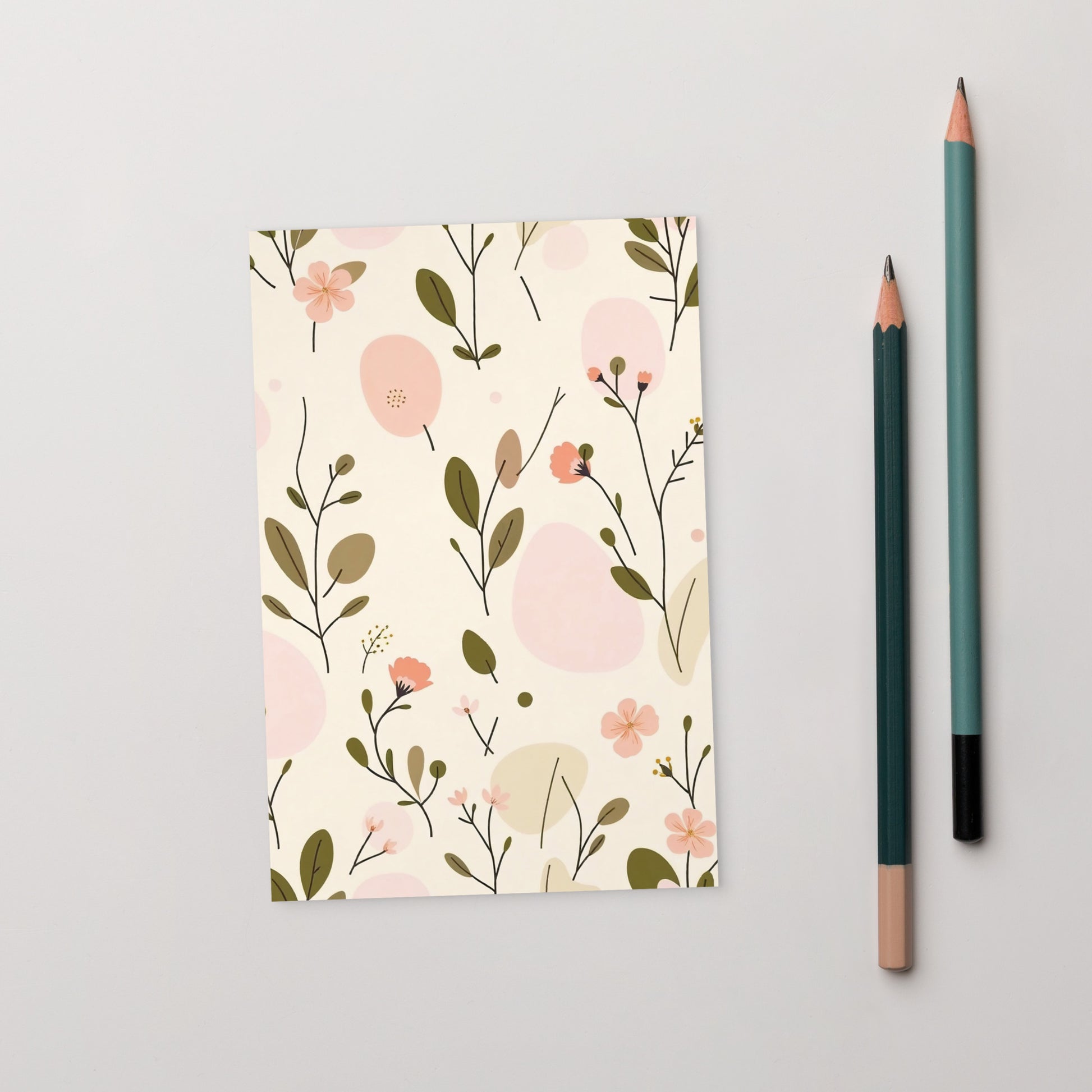 Soft Bloom vertical postcard featuring a delicate floral pattern in peach, olive green, and cream — front view