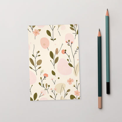 Soft Bloom vertical postcard featuring a delicate floral pattern in peach, olive green, and cream — front view