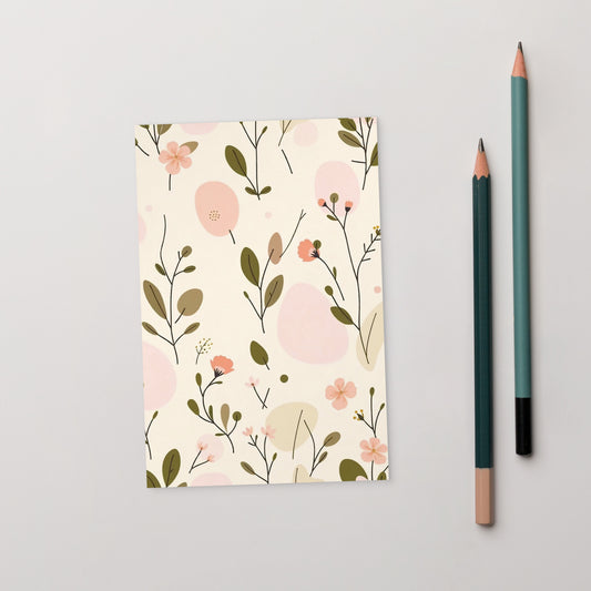 Soft Bloom vertical postcard featuring a delicate floral pattern in peach, olive green, and cream — front view
