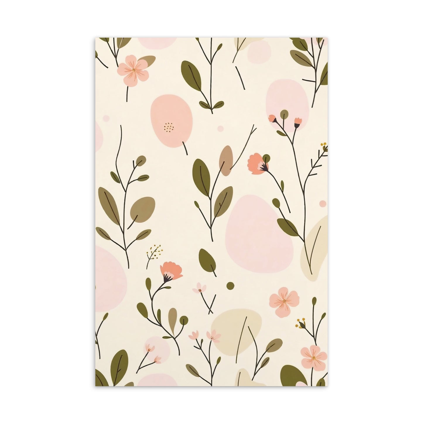 Soft Bloom postcard vertical format — botanical print close-up showing peach flowers and olive branches