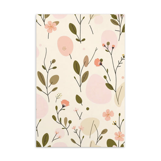 Soft Bloom postcard vertical format — botanical print close-up showing peach flowers and olive branches