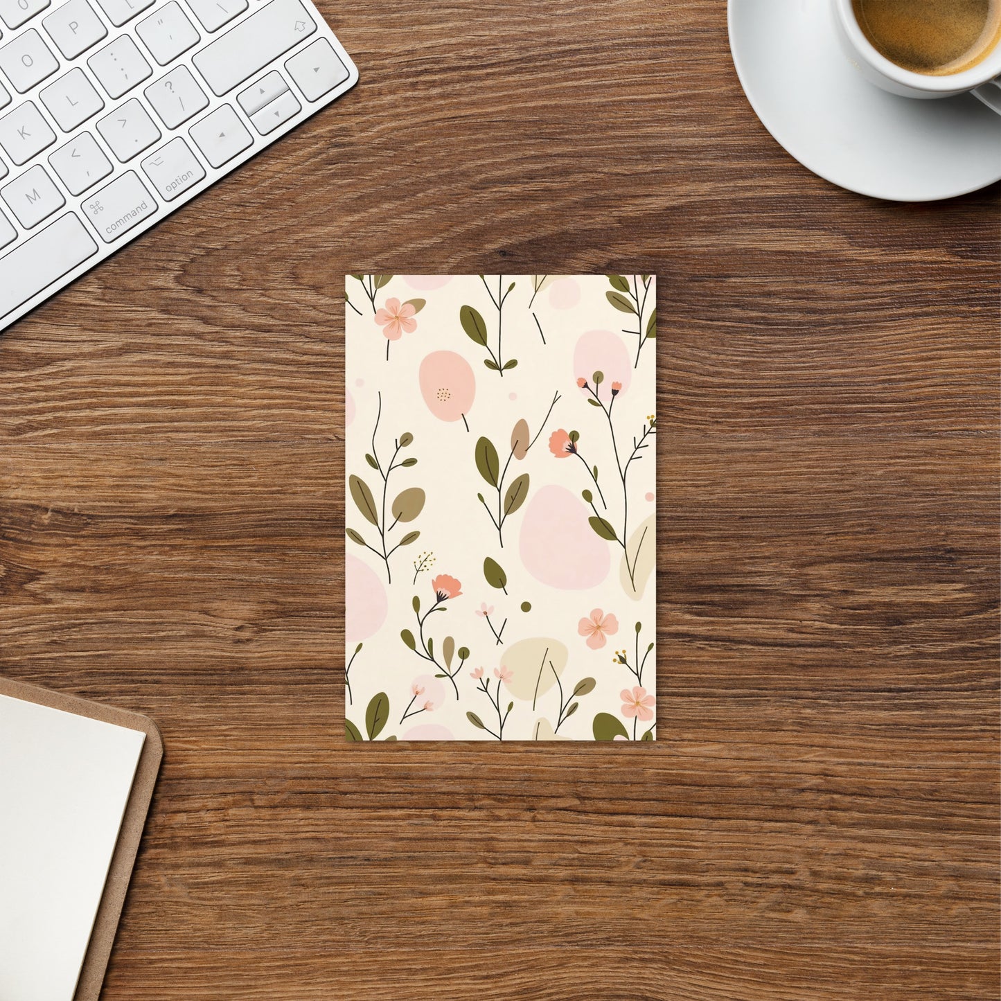 Soft Bloom floral postcard in vertical orientation styled flat lay — warm cream background with pink botanical motifs