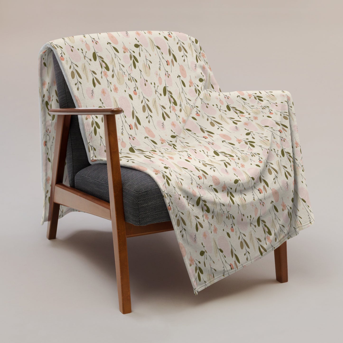 Throw blanket with Soft Bloom romantic botanical print in peach pink and olive green