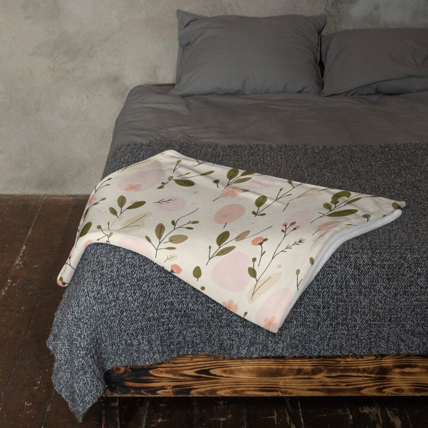 Printed Soft Bloom floral sofa throw blanket with peach flowers and olive leaves — MWL My Wish List