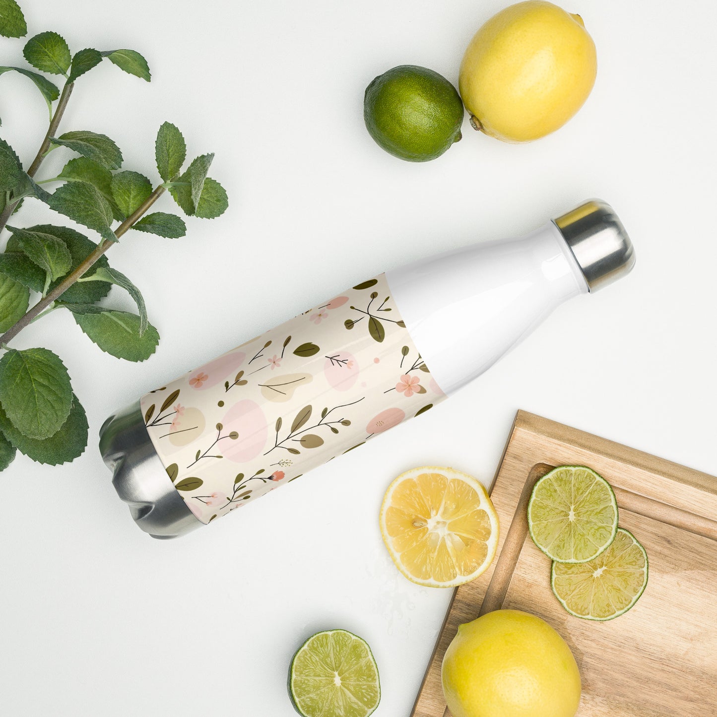 Stainless steel water bottle with Soft Bloom botanical floral print in peach and olive — MWL