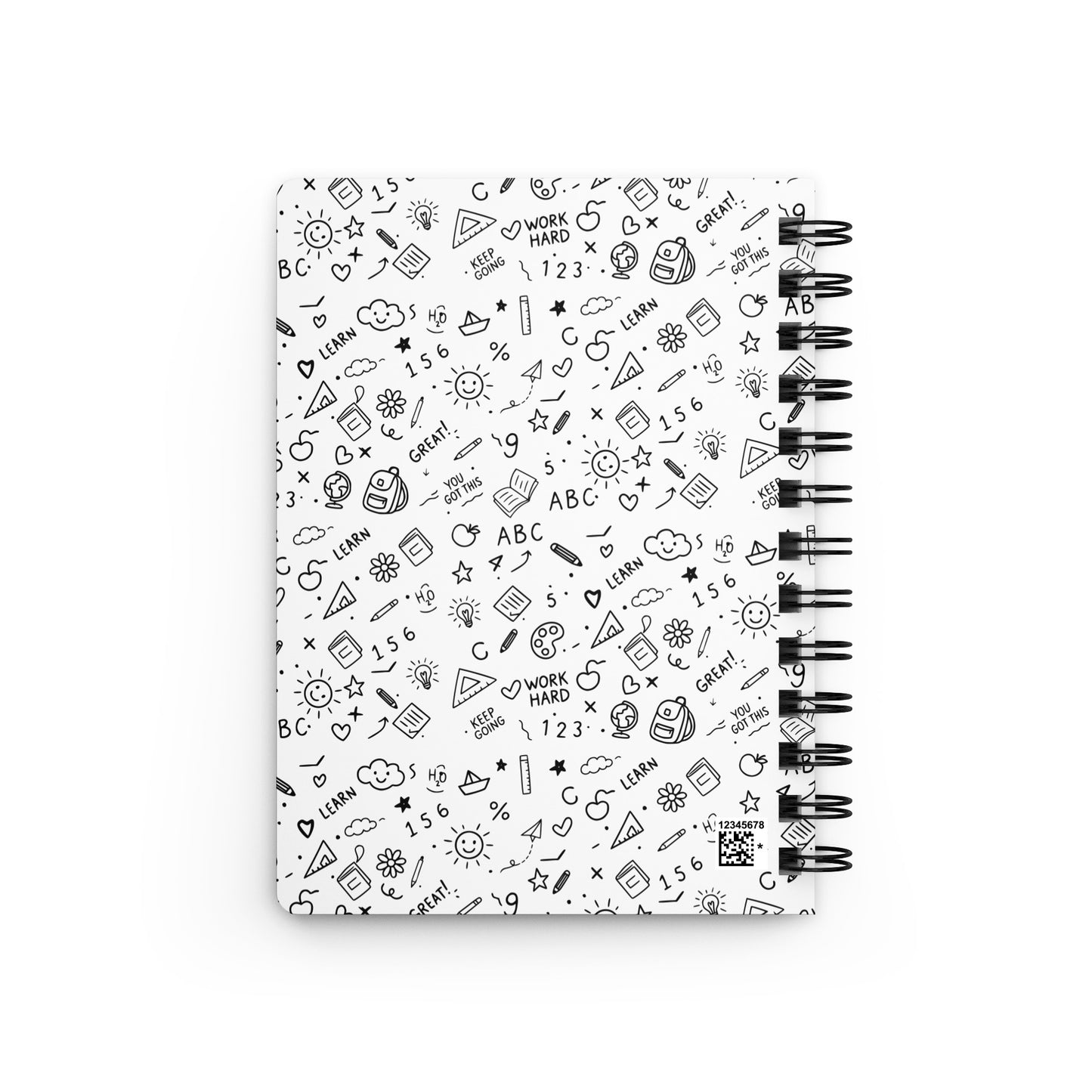  Compact lined spiral notebook with hand-drawn school doodle art — open to lined pages