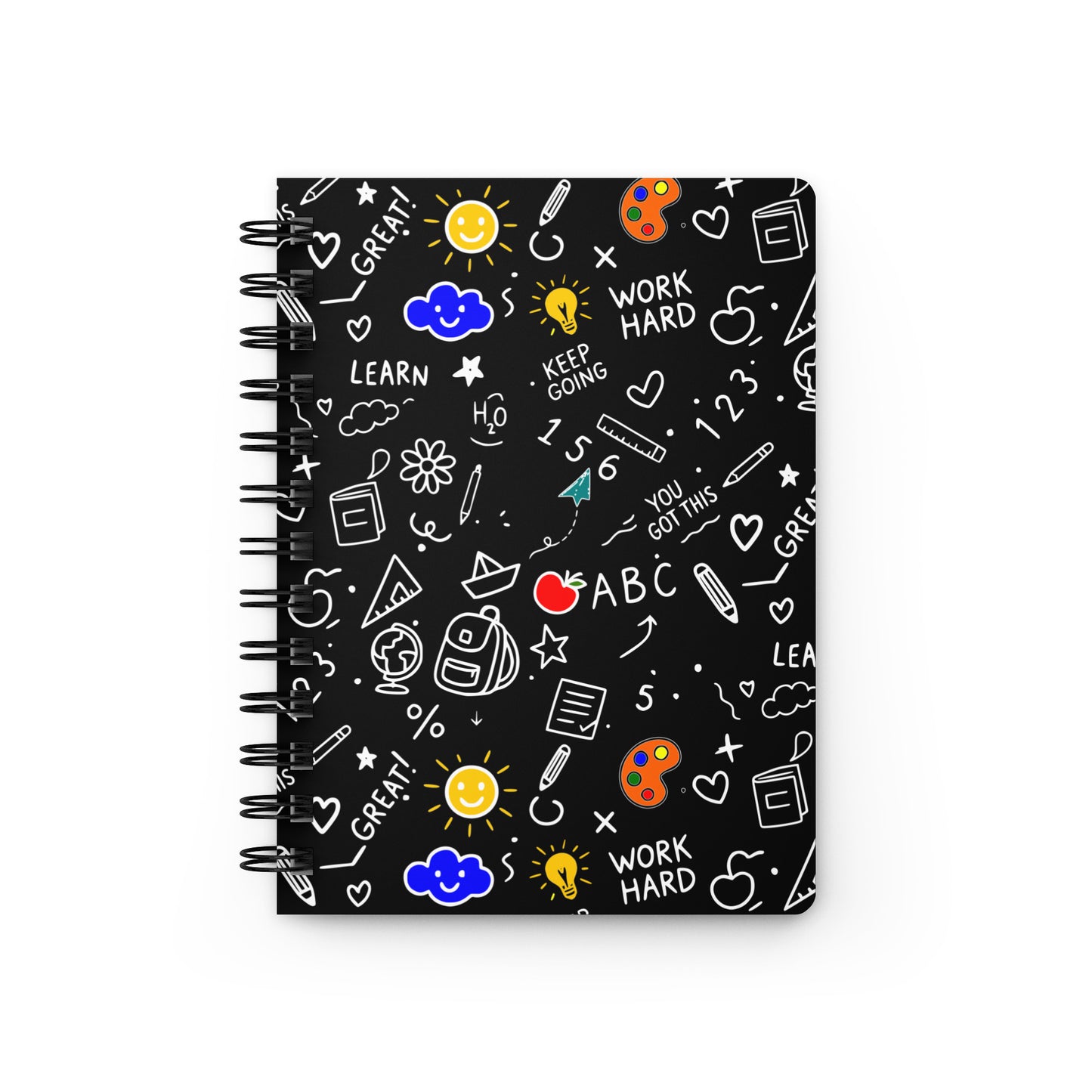 Spiral bound journal with school doodle illustration — books, pencils, numbers and happy faces on a glossy laminated cover