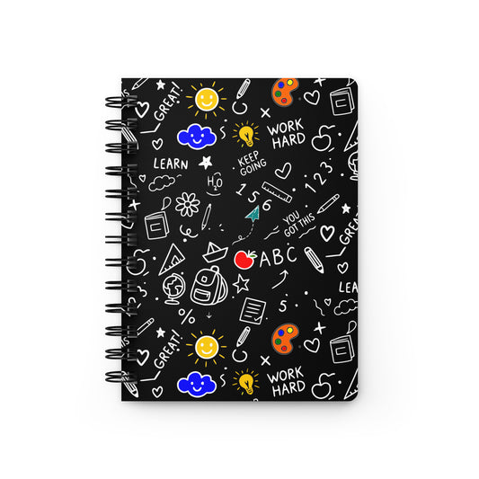 Spiral bound journal with school doodle illustration — books, pencils, numbers and happy faces on a glossy laminated cover