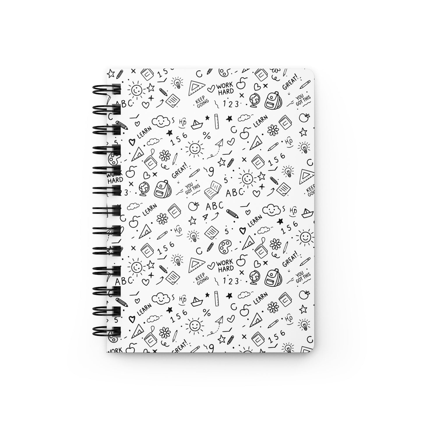 Spiral bound journal with cute school doodle illustration cover — pencils, hearts, clouds and handwritten words