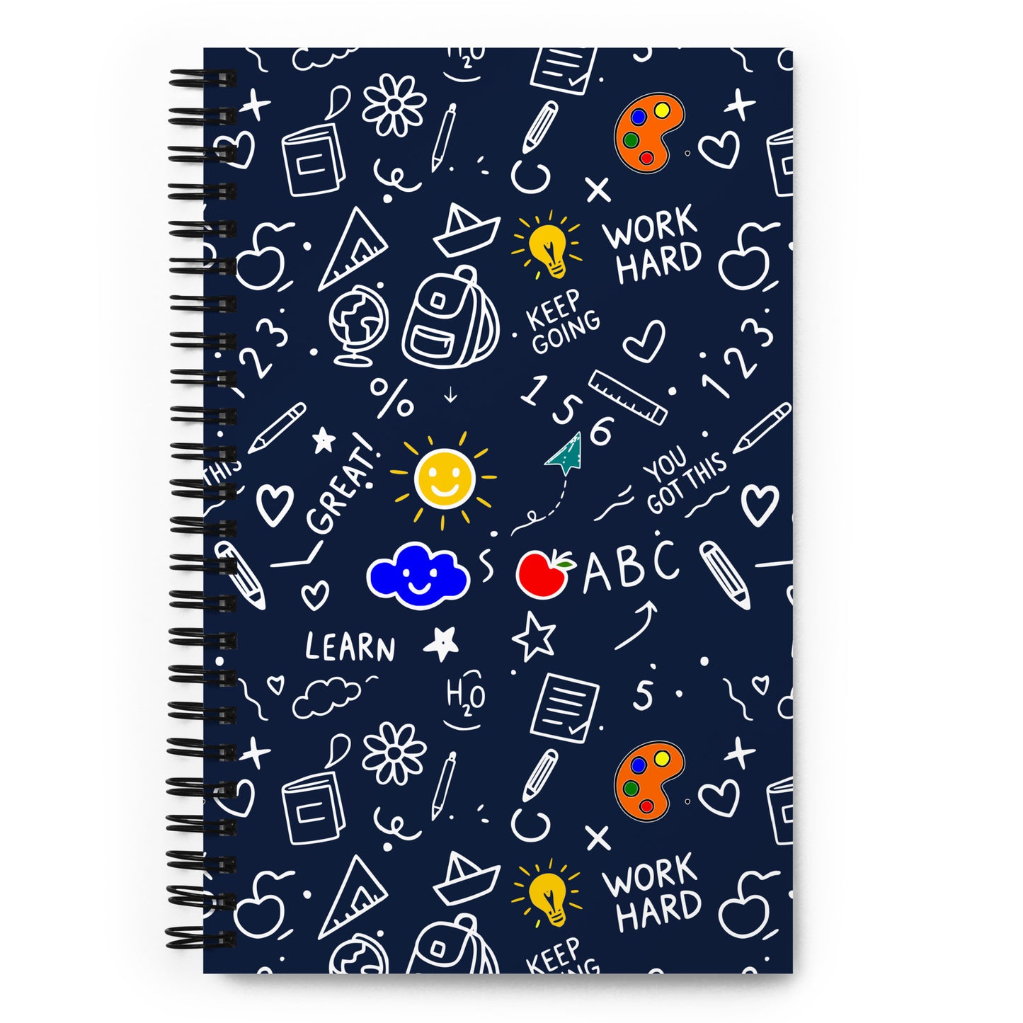 Illustrated spiral notebook with school doodle art on dark blue background — back to school gift for students and teachers, 140 dotted pages