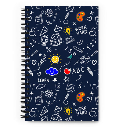 Illustrated spiral notebook with school doodle art on dark blue background — back to school gift for students and teachers, 140 dotted pages