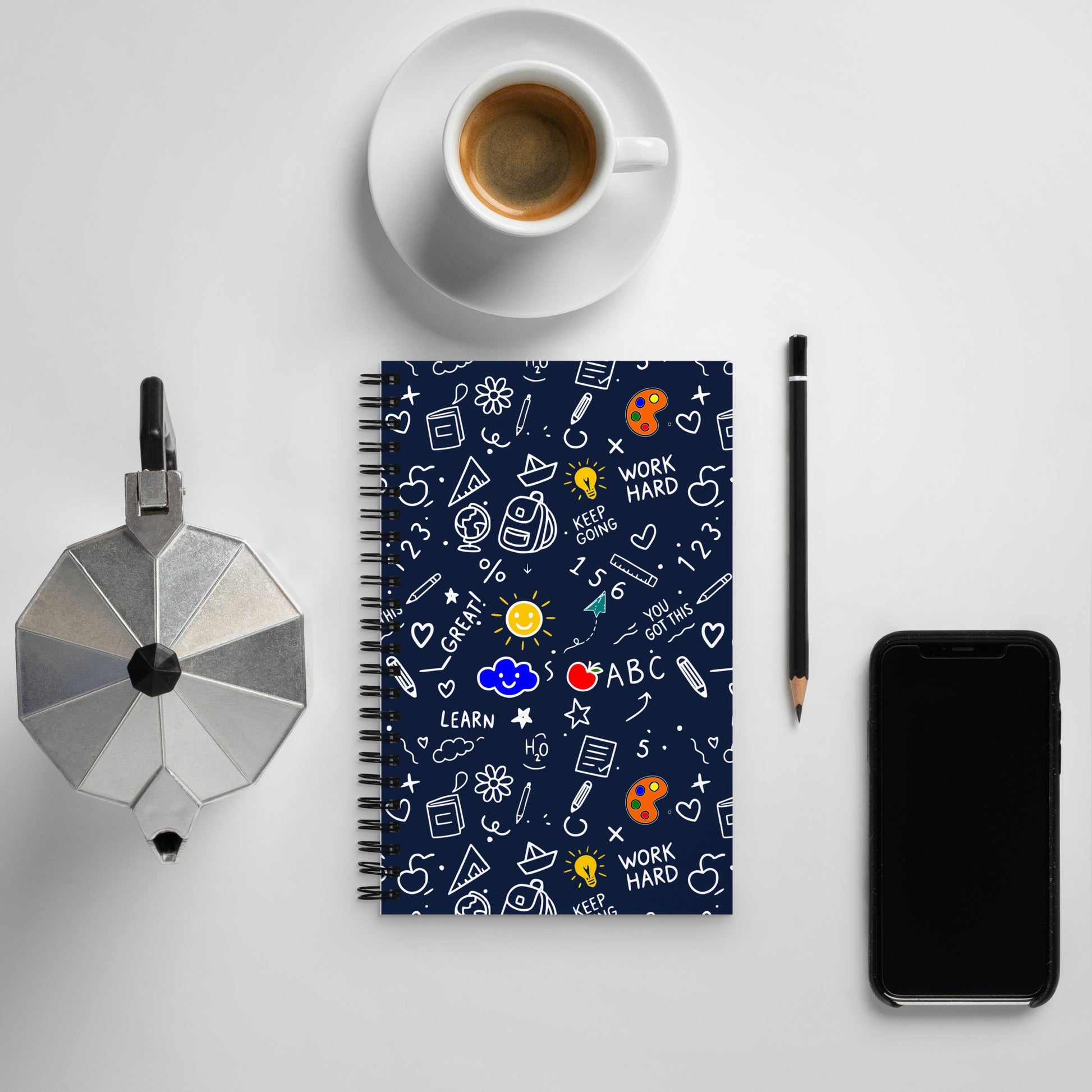 Illustrated spiral notebook with school doodle art on dark blue background — back to school gift for students and teachers, 140 dotted pages