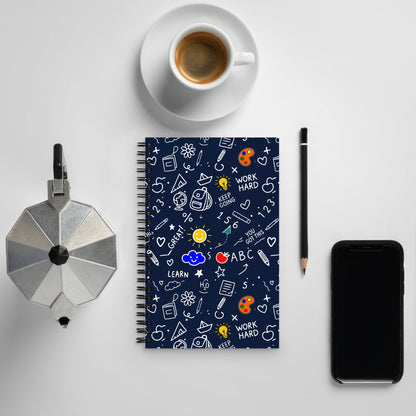 Illustrated spiral notebook with school doodle art on dark blue background — back to school gift for students and teachers, 140 dotted pages