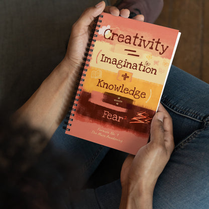 Formula No. 9 Creativity spiral notebook, front cover: Creativity equals Imagination plus Knowledge, divided by Fear squared