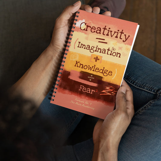 Formula No. 9 Creativity spiral notebook, front cover: Creativity equals Imagination plus Knowledge, divided by Fear squared