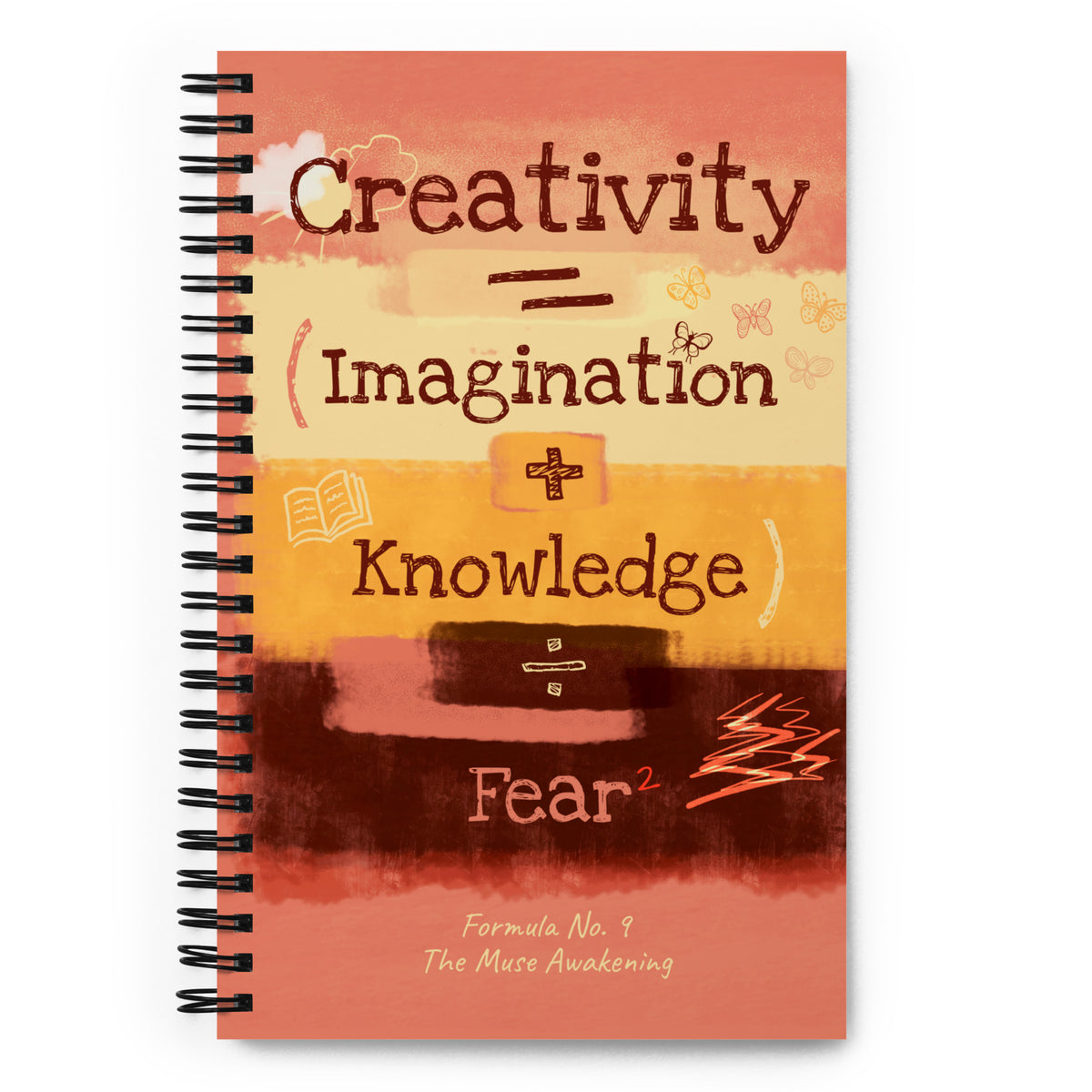 Formula No. 9 Creativity spiral notebook, front cover: Creativity equals Imagination plus Knowledge, divided by Fear squared