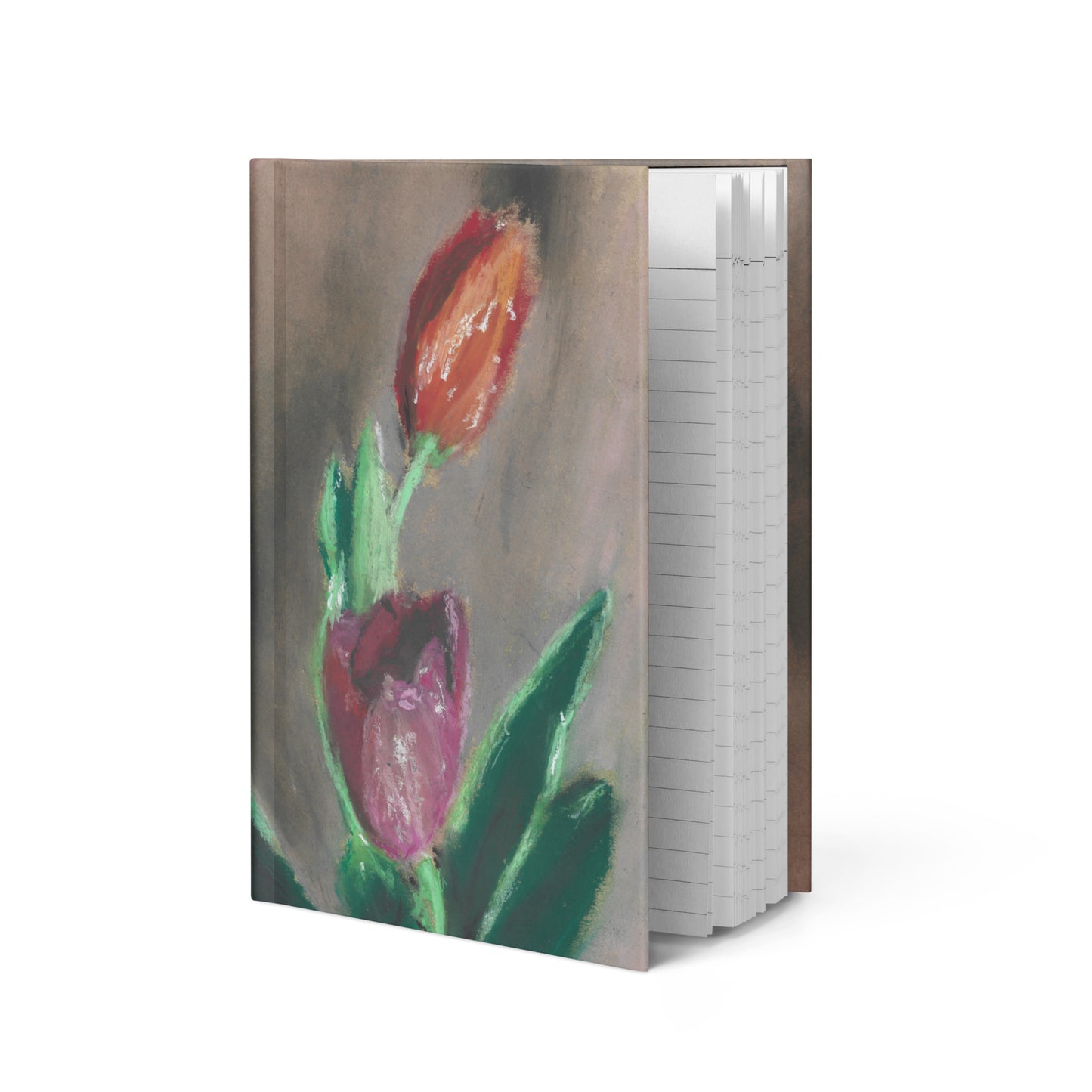 Spring Tulips hardcover journal — original pastel art by Lena Kloper, matte cover with red and purple tulips, 5.75×8 inch
