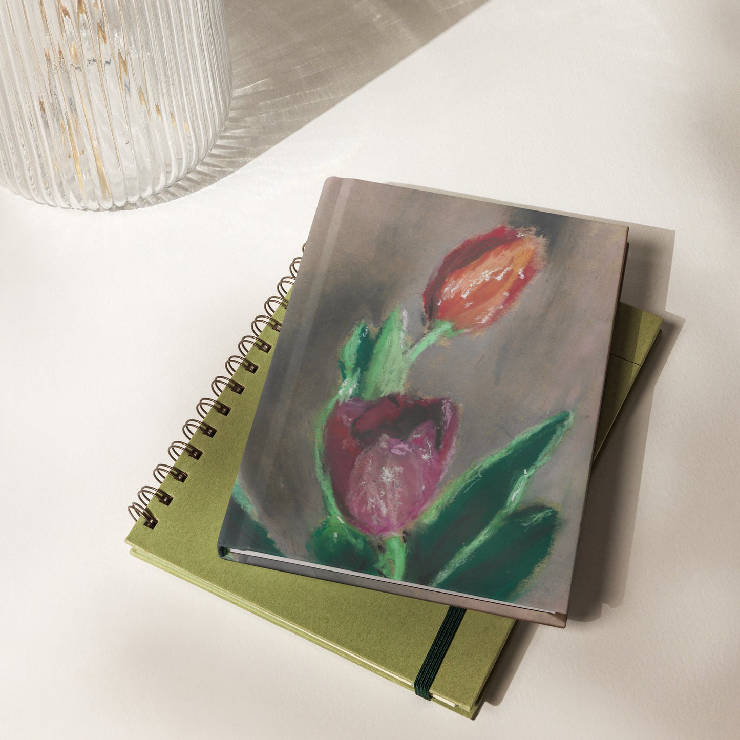 Open Spring Tulips journal showing cream lined pages and matte pastel art cover by Lena Kloper