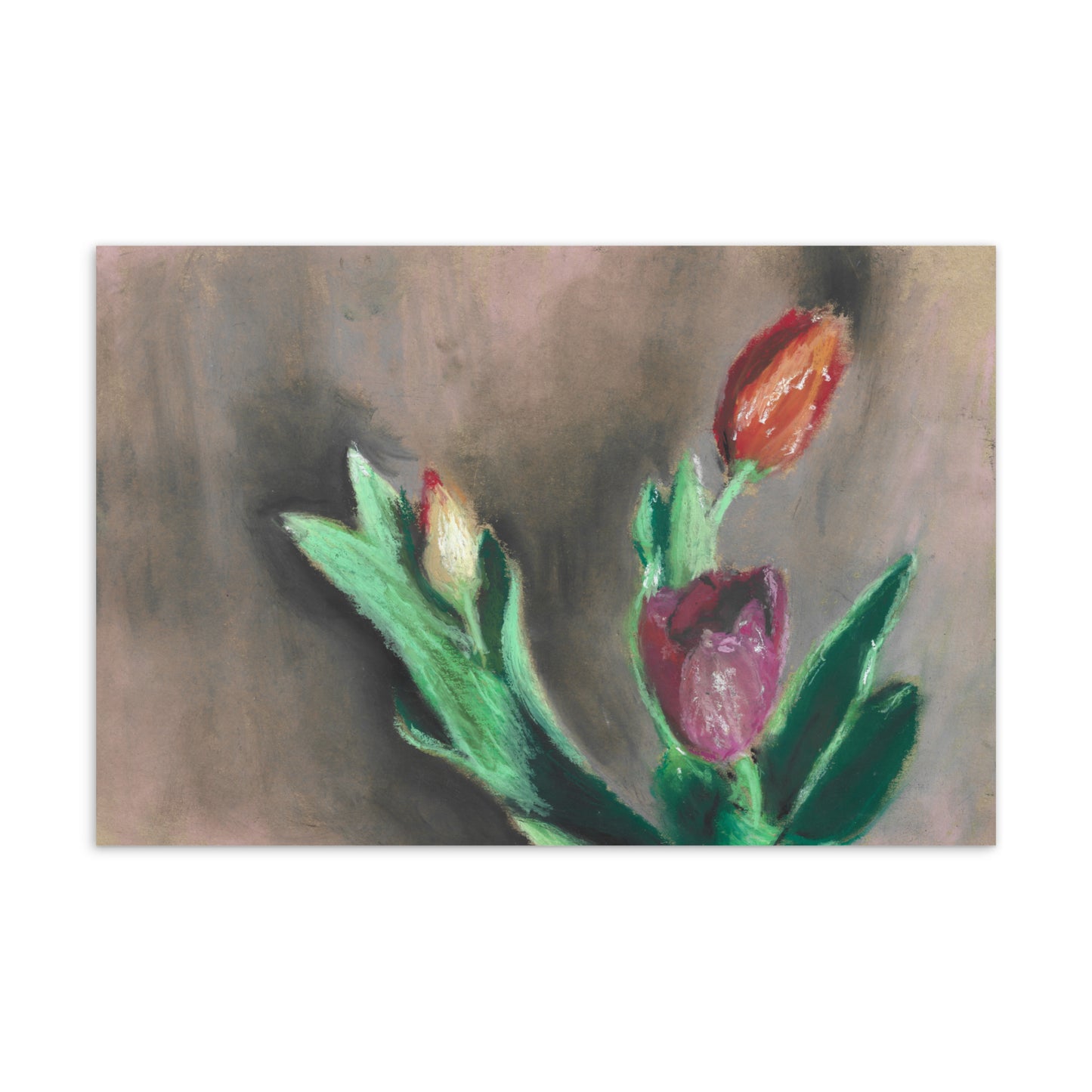 Spring Tulips postcard — original pastel art by Lena Kloper, red and purple tulips on smoky background, 4×6 matte cardboard