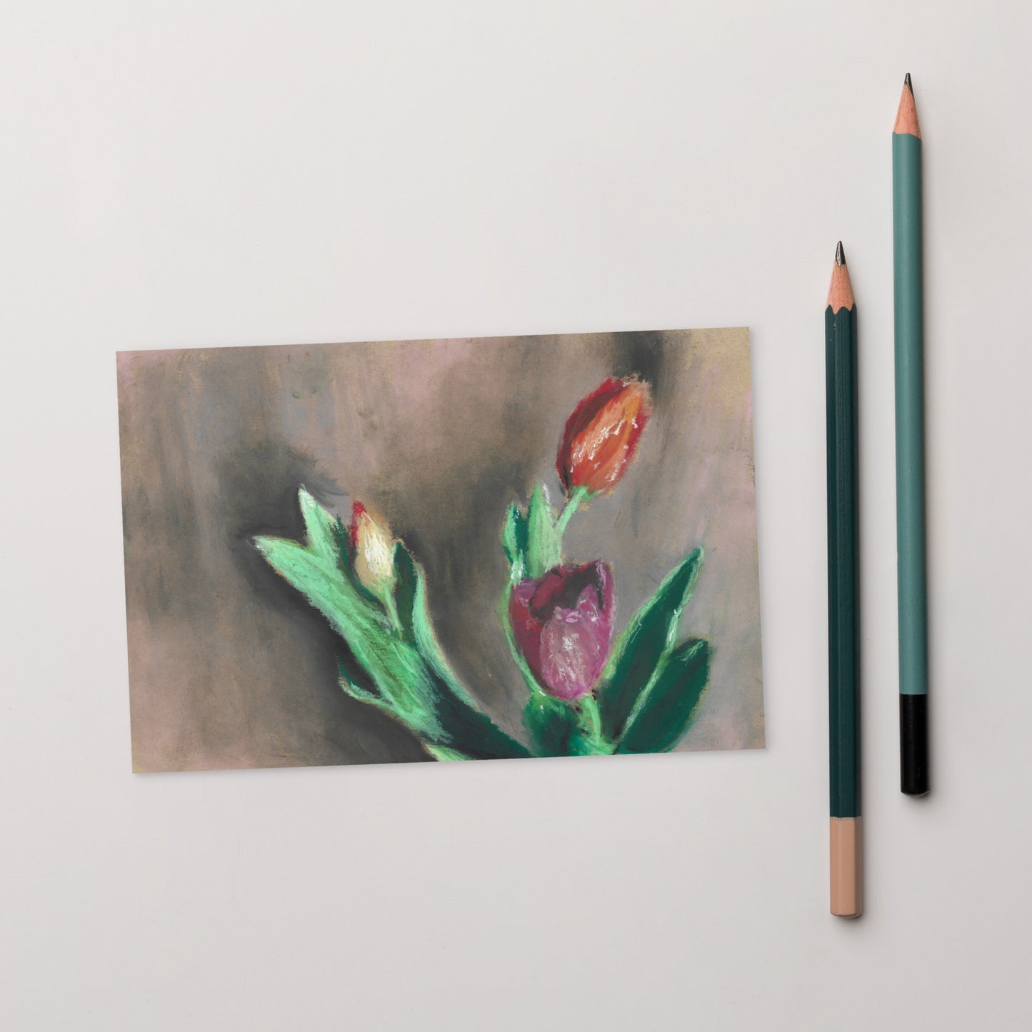 Spring Tulips postcard by MWL laying flat — thick matte cardboard, floral pastel artwork, 4×6 inch print