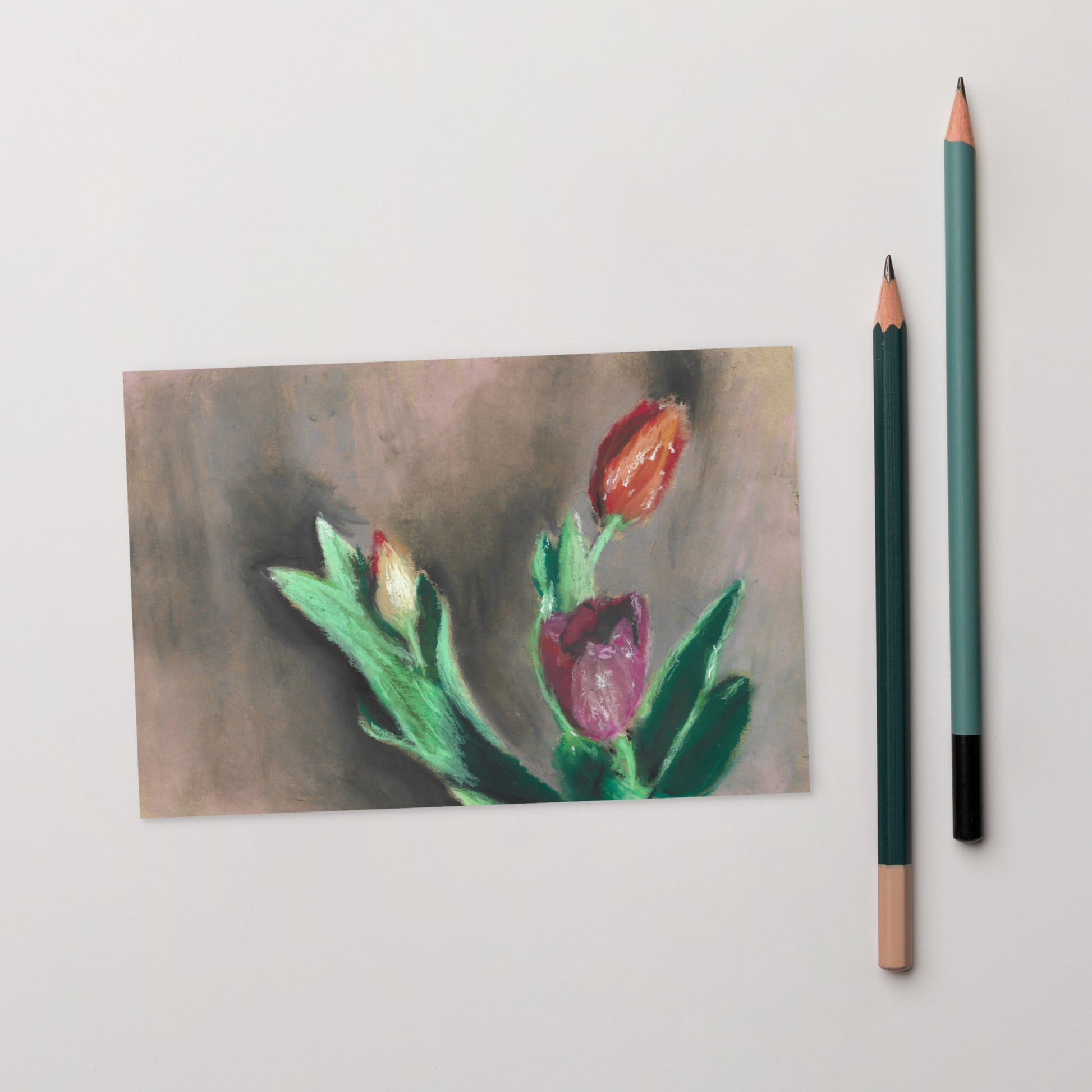 Spring Tulips postcard by MWL laying flat — thick matte cardboard, floral pastel artwork, 4×6 inch print