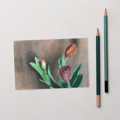 Spring Tulips postcard by MWL laying flat — thick matte cardboard, floral pastel artwork, 4×6 inch print