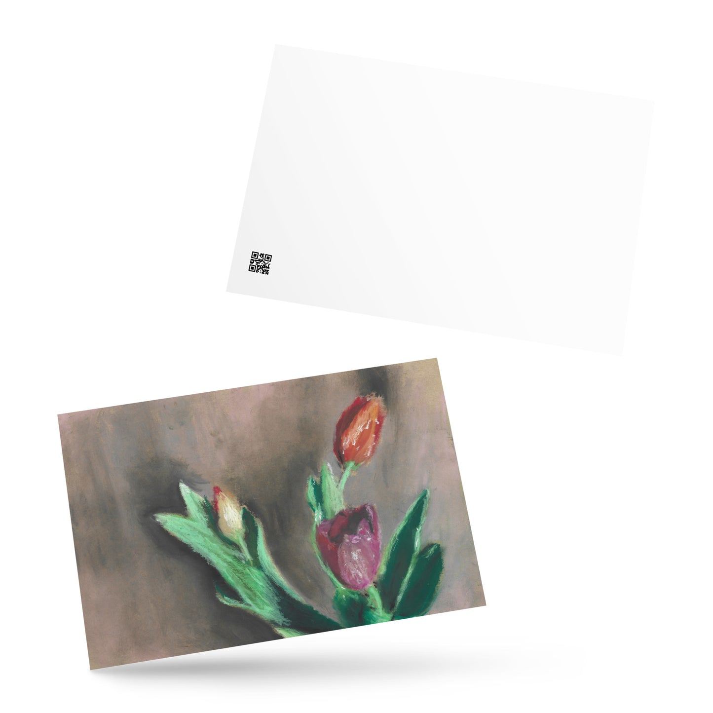Close-up of Spring Tulips art postcard showing pastel texture and rich tulip colors by artist Lena Kloper