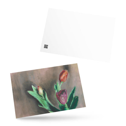 Close-up of Spring Tulips art postcard showing pastel texture and rich tulip colors by artist Lena Kloper