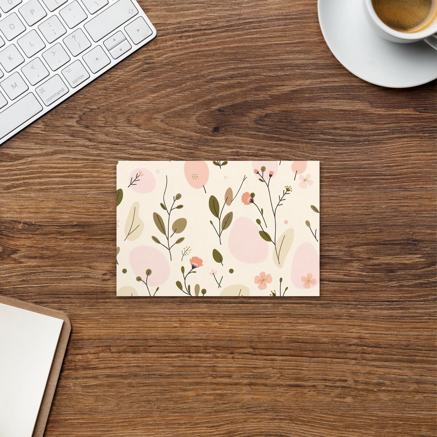 Soft Bloom botanical postcard landscape orientation — close-up of peach flowers and olive branches on warm ivory