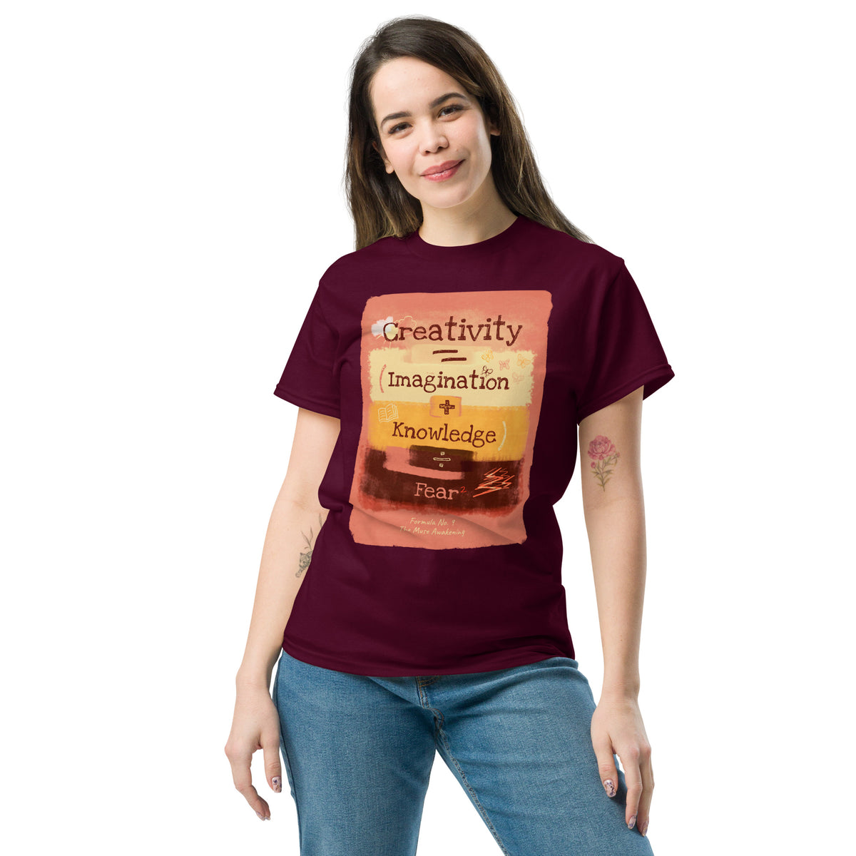 Formula No. 9 Creativity classic tee in Maroon, front: Creativity equals Imagination plus Knowledge, divided by Fear squared