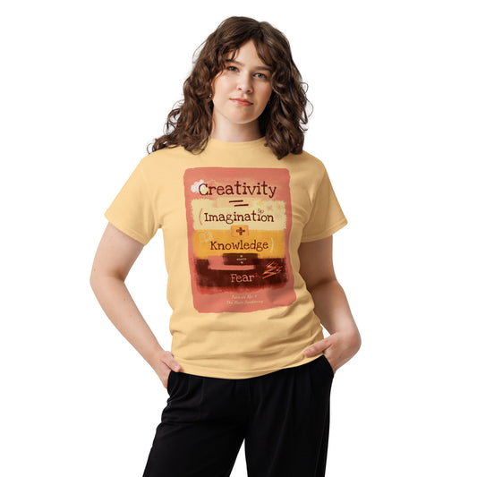 Formula No. 9 Creativity classic tee in Yellow Haze, front: Creativity equals Imagination plus Knowledge, divided by Fear squared