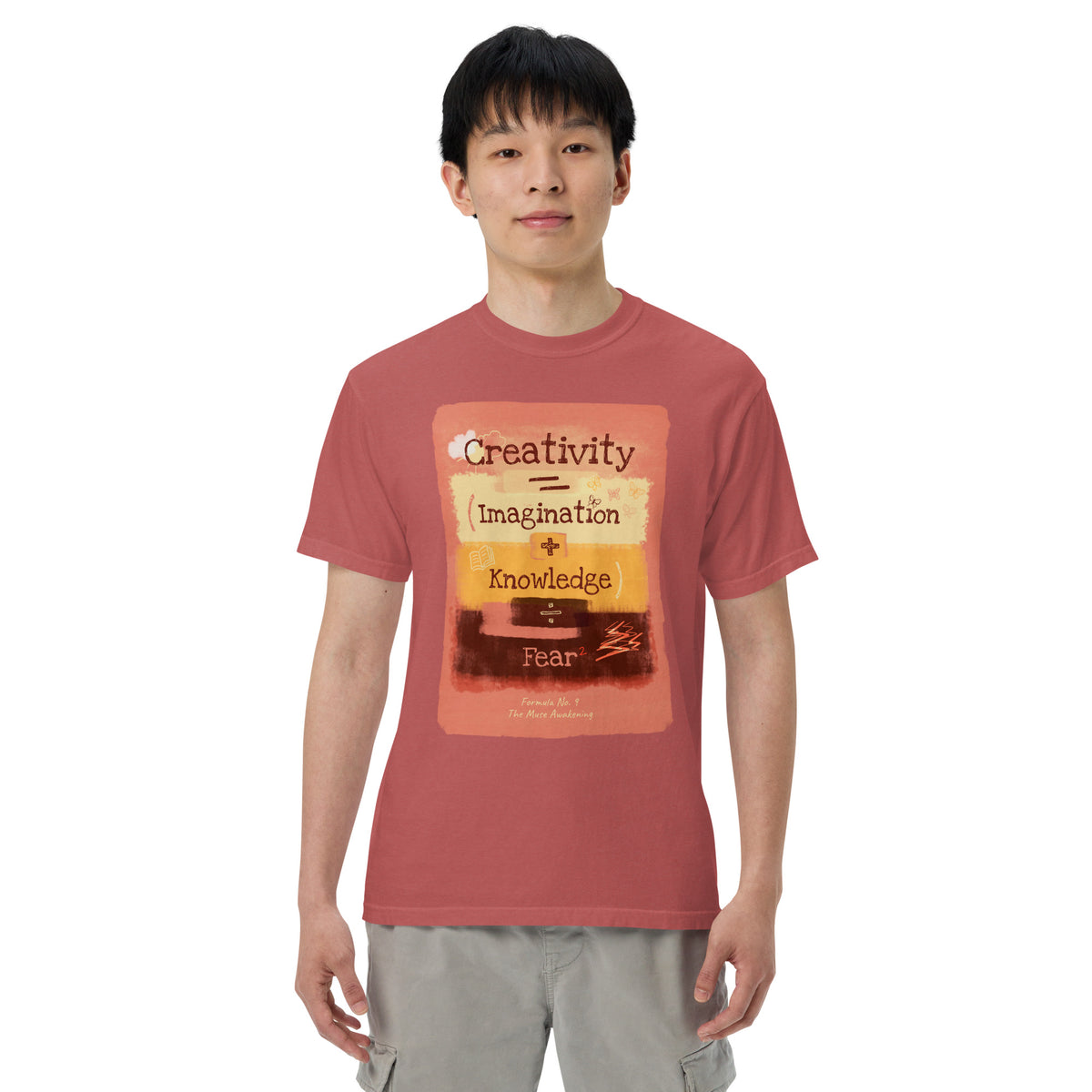 Formula No. 9 Creativity heavyweight tee in Crimson, front: Creativity equals Imagination plus Knowledge, divided by Fear squared