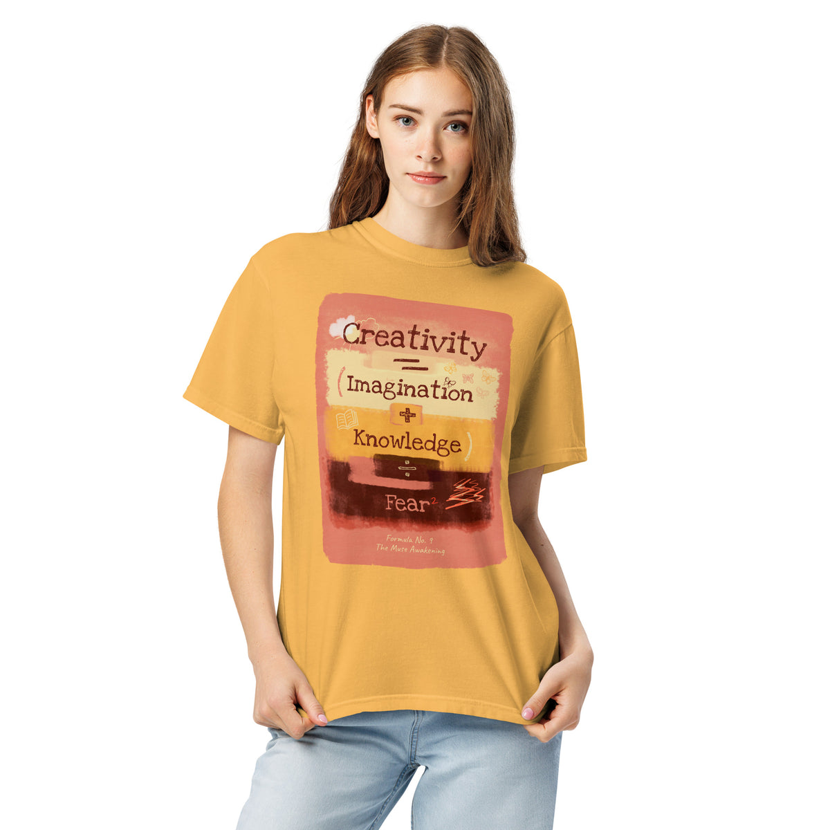 Formula No. 9 Creativity heavyweight tee in Mustard, front: Creativity equals Imagination plus Knowledge, divided by Fear squared