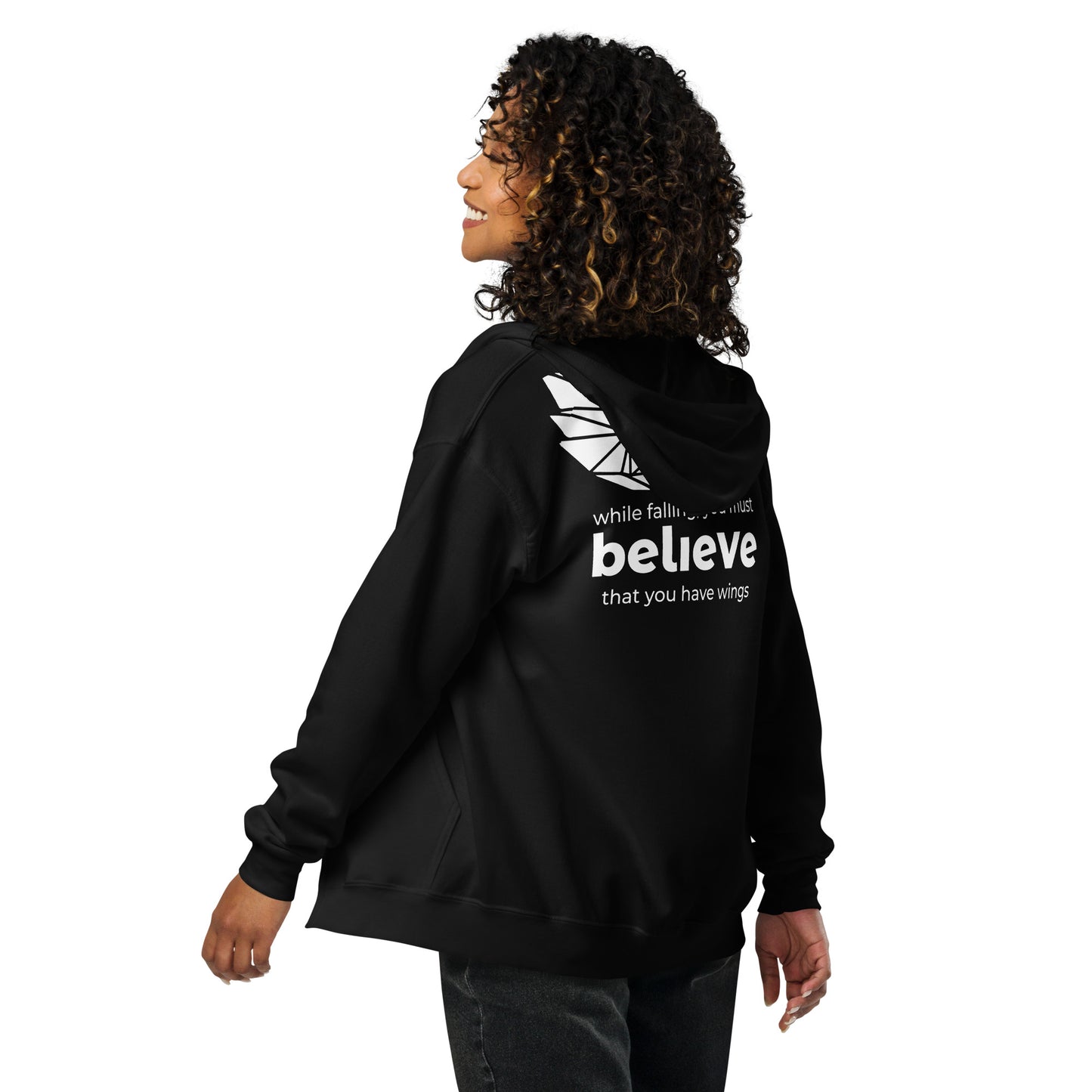  geometric wings graphic and "while falling, you must believe that you have wings" quote printed on the hoodie's back.