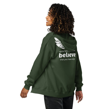 Unisex zip hoodie with kangaroo pocket and drawstring hood, from the while falling you must believe you have wings design.