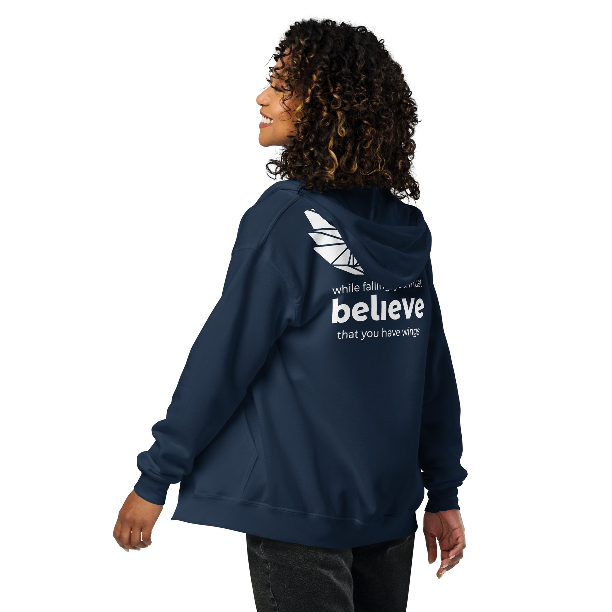 Unisex zip hoodie with kangaroo pocket and drawstring hood, from the while falling you must believe you have wings design.
