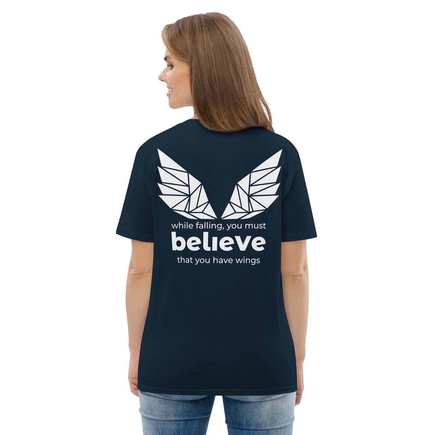 Unisex organic cotton t-shirt in dark colorway with white wings graphic on the back.