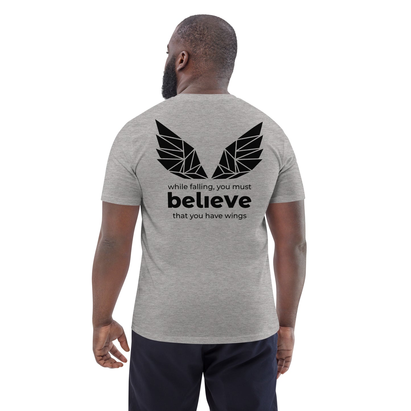 Back view of the light organic t-shirt showing the full wing design.