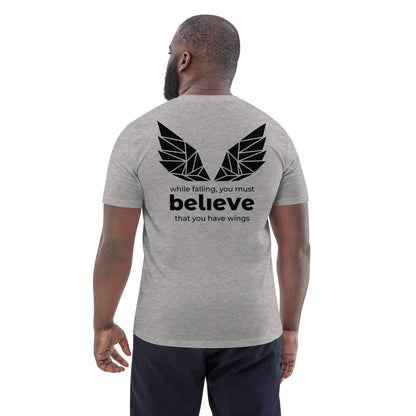 Back view of the light organic t-shirt showing the full wing design.