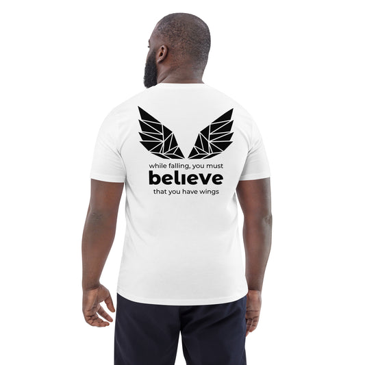 Unisex organic cotton t-shirt in light colorway with black wings graphic on the back.