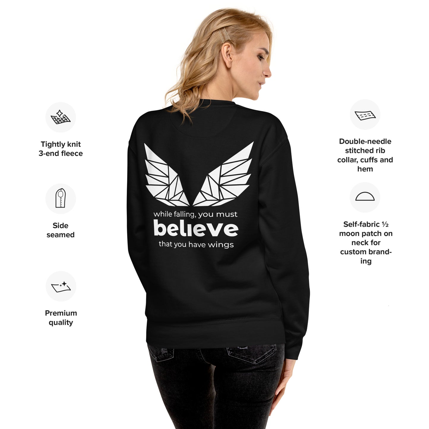 Back view of the sweatshirt showing the full wing design between the shoulders.
