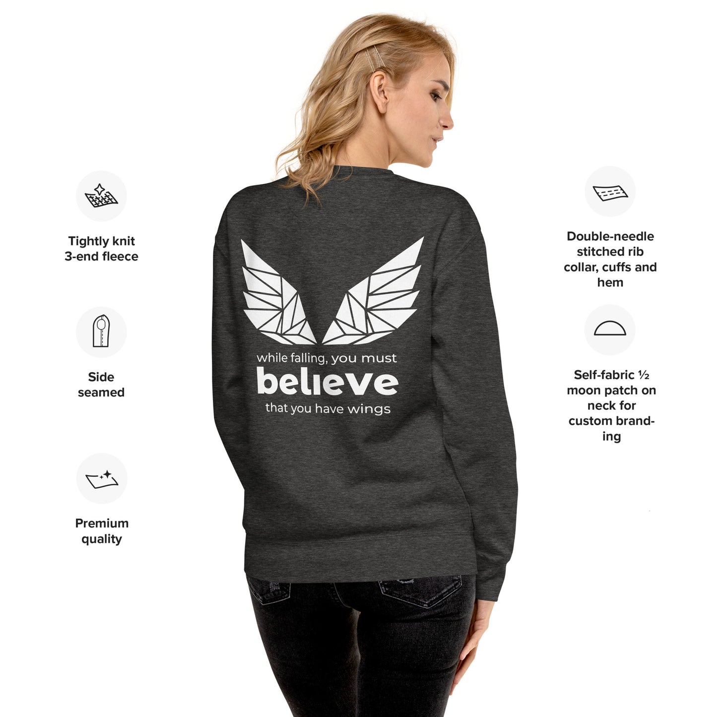 Back view of the sweatshirt showing the full wing design between the shoulders.