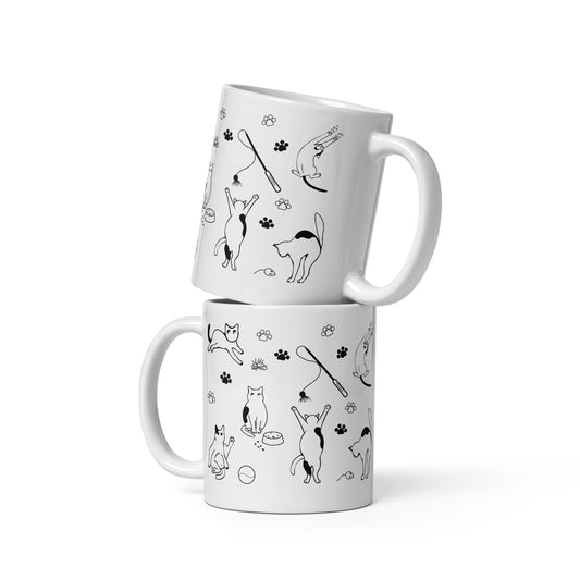 Life of Cats white glossy ceramic mug with black and white cat illustration, 11 oz