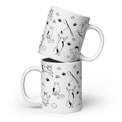 Minimal black and white cat print mug — Life of Cats design by MWL, side view