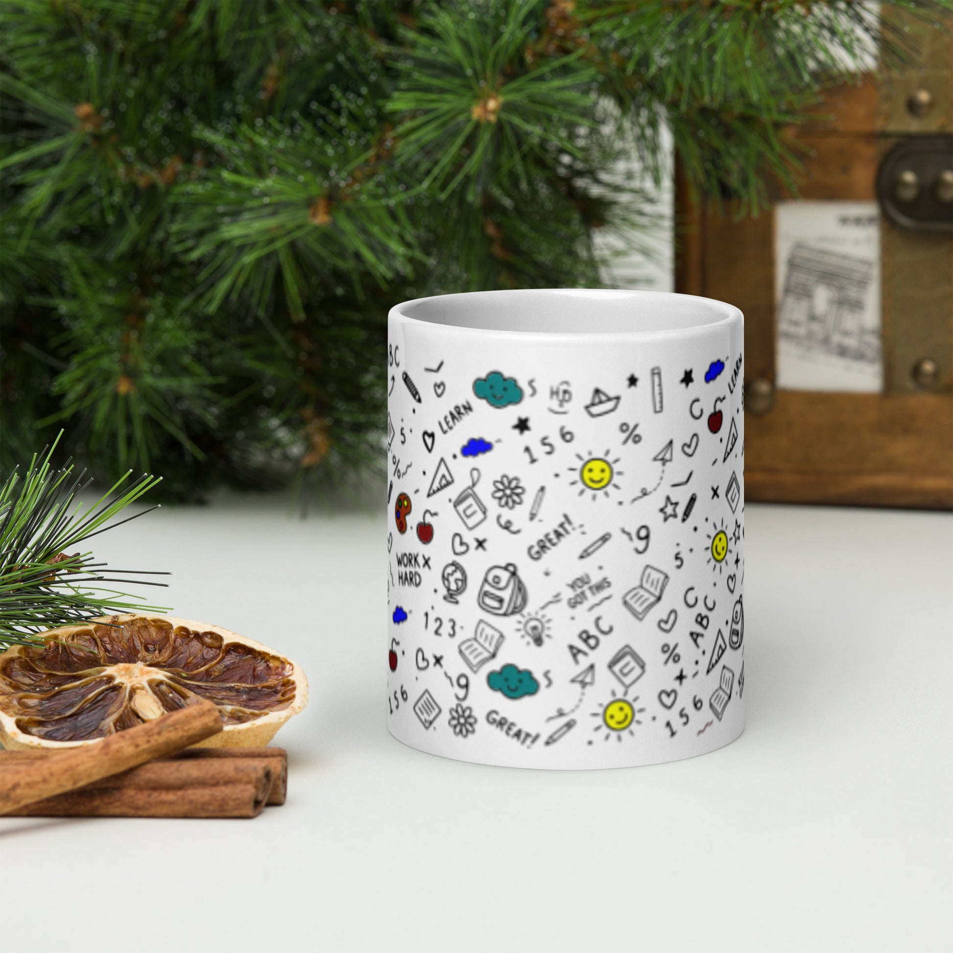 school doodle coffee mug on a desk — back to school gift idea for teachers and students