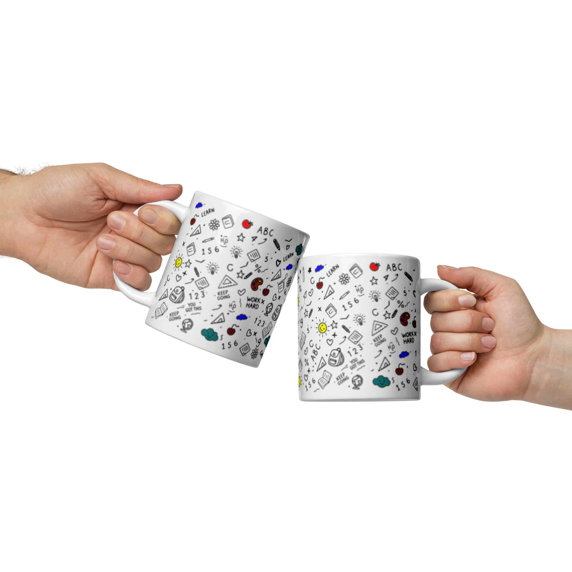  School doodle coffee mug on a desk — back to school gift idea for teachers and students, shown in 11 oz size