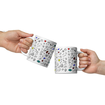  School doodle coffee mug on a desk — back to school gift idea for teachers and students, shown in 11 oz size